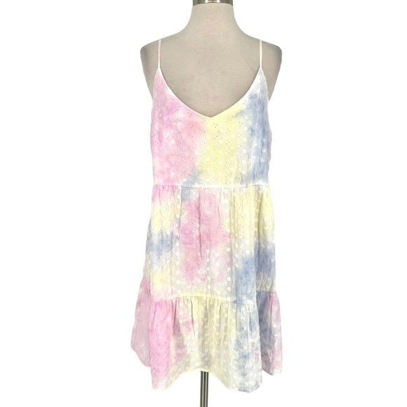 ANDREE BY UNIT Dresses & Skirts - Andree by Unit Tie Dye Eyelet Tiered Sundress Pink Yellow Blue Size Large NWT